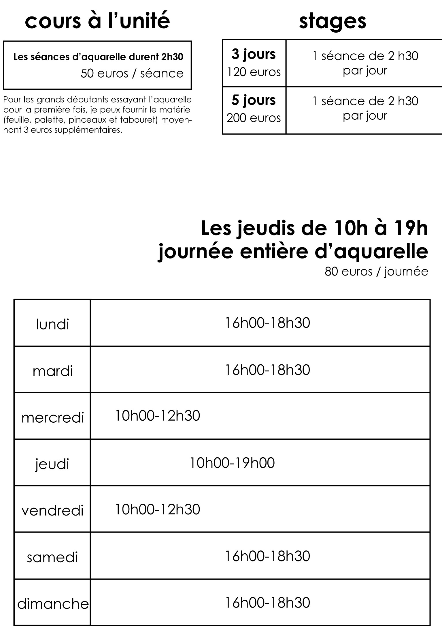 Planning et tarifs - cours d'aquarelle en plein air - Laurence POITOU